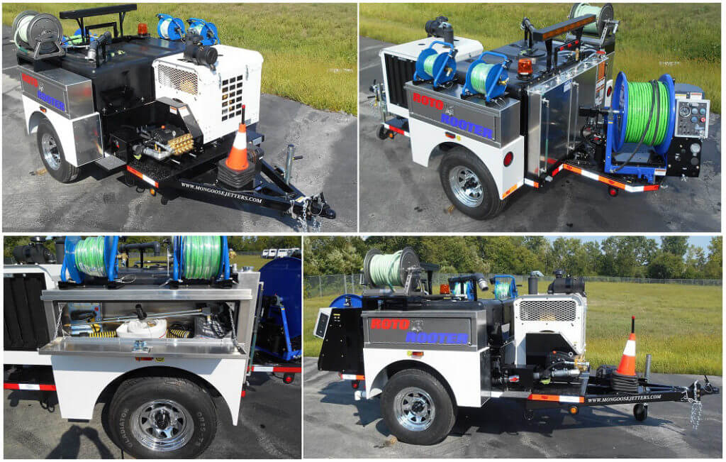 Model 184 Trailer Jetter, full function wireless remote control system, full fenders, twin aluminum toolboxes, pulsation system, two small diameter drain cleaning kits with reels