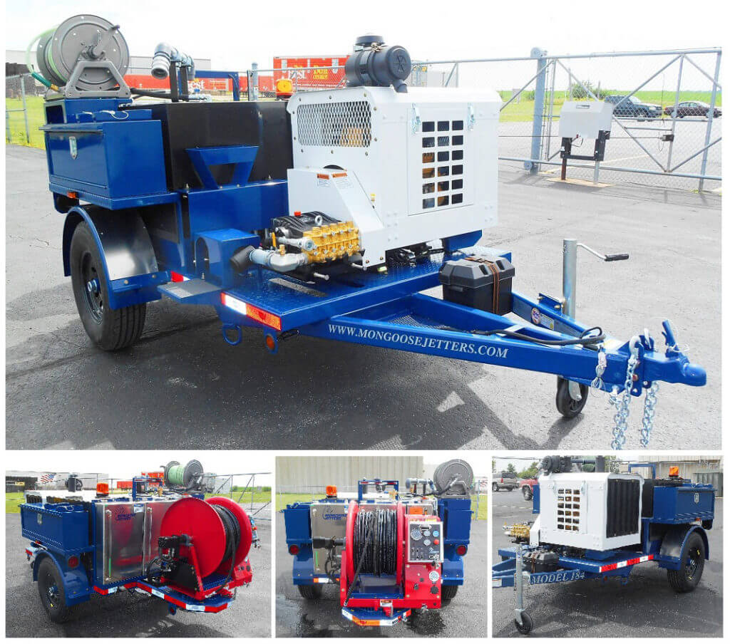 Model 184 Trailer Jetter 300 gallon water tank, wireless remote control system, two tone custom paint