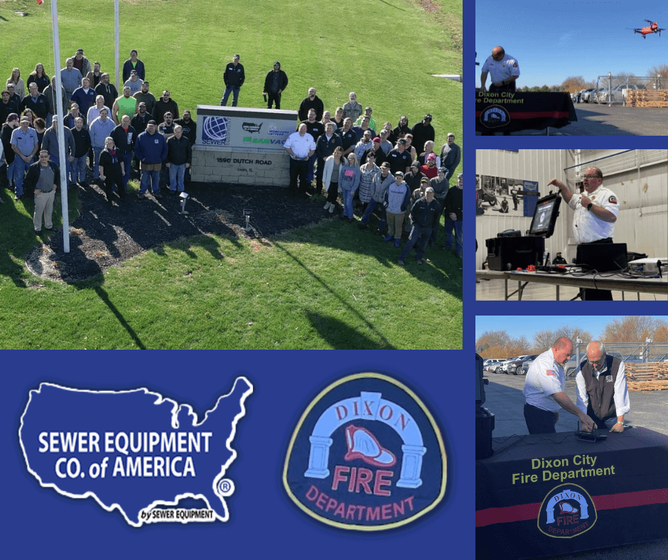 collage of four photos of from the drone being shown to sewer equipment and flown around