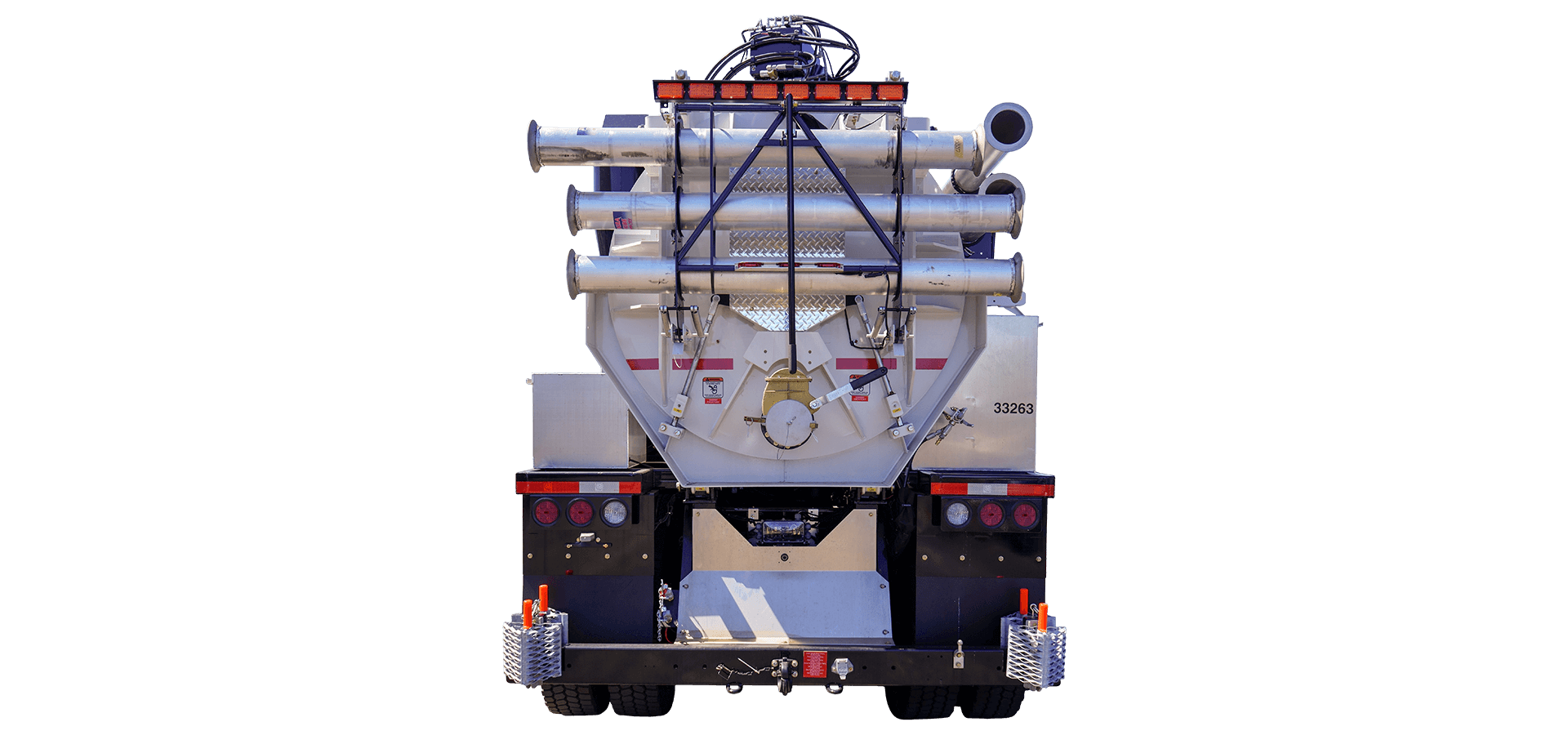 Back view image of the RAMVAC HX-3, a mid size hydro excavation truck.