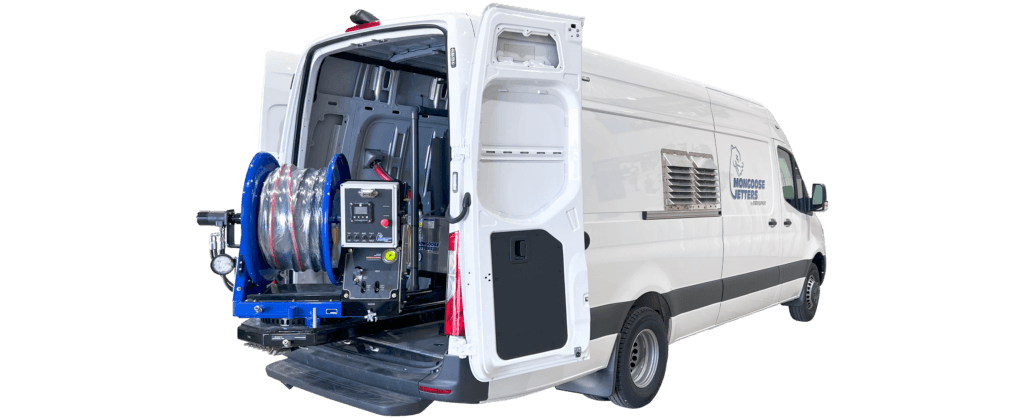 The Mongoose Jetters Model 184 Sewer Jetter Truck, 18 GPM @ 4000 PSI. Back door open, hose extended.