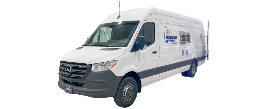 The Mongoose Jetters Model 184 Sewer Jetter Truck, 18 GPM @ 4000 PSI. Side view doors closed.