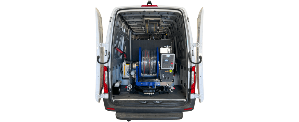 The Mongoose Jetters Model 184 Sewer Jetter Truck, 18 GPM @ 4000 PSI. Back View, doors open.